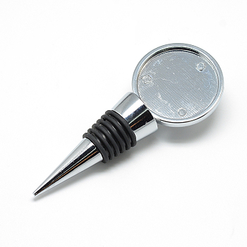 Zinc Alloy Wine Bottle Stoppers Cabochon Settings, Flat Round, Platinum, Tray: 36mm, 104x41.5x22mm