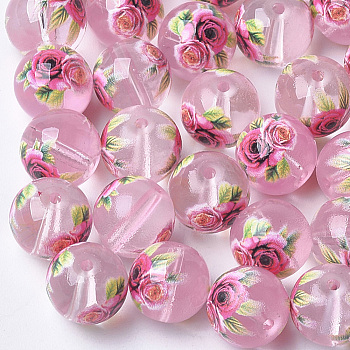 Printed & Spray Painted Transparent Glass Beads, Round with Flower Pattern, Pink, 10~10.5x9.5mm, Hole: 1.6mm