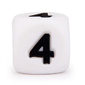 Silicone Beads, for Bracelet or Necklace Making, Black Arabic Numerals Style, White Cube, Num.4, 10x10x10mm, Hole: 2mm