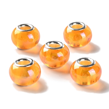 Shell Transparent Brass Cores Acrylic European Beads, Round, Large Hole Bead, Silver, Orange, 13.5x10mm, Hole: 5mm