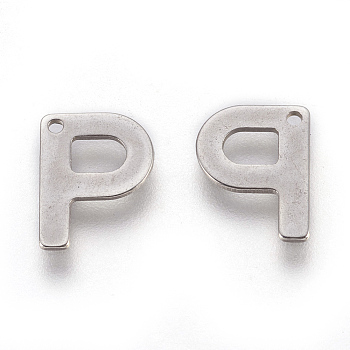 304 Stainless Steel Charms, Letter, Letter.P, 11x8.5x0.6mm, Hole: 1mm