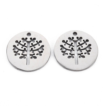 304 Stainless Steel Pendants, Laser Cut, Flat Round with Tree, Stainless Steel Color, 20x1.5mm, Hole: 1.8mm