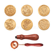 DIY Scrapbook Kits, Including Brass Wax Seal Stamp Head, Beech Wood Handle, Alloy Wax Sticks Melting Spoon, Golden, Brass Wax Seal Stamp Head: 6pcs(DIY-TA0003-60)