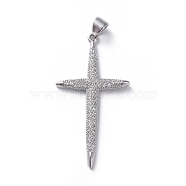 Brass Micro Pave Cubic Zirconia Pendants, Cross, Clear, Platinum, 38.8x20x2mm, Hole: 4x5mm(ZIRC-G159-02P-05)