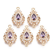 Brass Micro Pave Cubic Zirconia Links Connectors, with Glass, Long-Lasting Plated, Teardrop, Light Gold, Violet, 20x12x5mm, Hole: 1.4mm(KK-R111-011-A03)