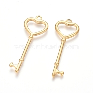 304 Stainless Steel Big Pendants, Key with Heart, Golden, 50x18x2mm, Hole: 2.5mm(X-STAS-G172-92G)
