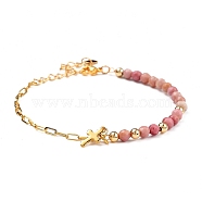 Charm Bracelets, with Natural Rhodochrosite Beads, 304 Stainless Steel Cross Charms, Brass Paperclip Chains & Round Beads, 7-5/8 inch(19.3cm)(BJEW-JB05336-01)