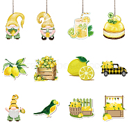 Lemon Theme Wooden Pendant Decorations, Jute Cord Hanging Ornaments, Mixed Shapes, Yellow, 60~100x60~100mm, Hole: 3mm, 12style, 3pcs/style, 36pcs/set(WOOD-WH0037-004)