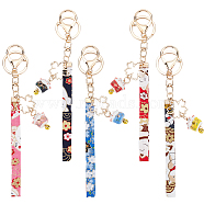 5Pcs 5 Colors Maneki Neko Lucky Cat Porcelain Pendant Keychain, with Alloy Findings, for Car Bag Pendant Strap Keychain, Mixed Color, 17.3~17.9cm, 1pc/color(FIND-OC0002-39)