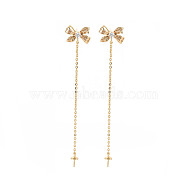 Brass Micro Pave Clear Cubic Zirconia Stud Earring Findings, for Half Drilled Beads, Nickel Free, Bowknot, Real 18K Gold Plated, 65x11mm, Pin: 0.6mm, pin: 0.6mm (for Half Drilled Beads)(KK-S356-619-NF)