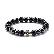 Natural Obsidian & Non-Magnetic Synthetic Hematite Round Beads Energy Stretch Bracelet for Men Women, Cross Alloy Bracelet, Inner Diameter: 2-1/4 inch(5.6cm)(BJEW-JB06968-04)
