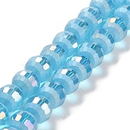 Electroplate Glass Beads Strands, AB Color Plated, Frosted and Faceted(96 Facets), Round, Sky Blue, 9.5~10x9~9.5mm, Hole: 1.8mm, about 69~70pcs/strand, 24.57''(62.4~63.1cm)(EGLA-Z001-03A-AB05)