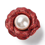 Flower Glitter Imitation Leather with Plastic Pearl Brooch Pin, Platinum Tone Iron Pin for Clothes Bags, FireBrick, 43~46x43~44x29mm(JEWB-K013-02P-01)