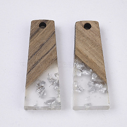 Transparent Resin & Walnut Wood Pendants, with Silver Foil, Waxed, Trapezoid, Silver, 30x12x3.5mm, Hole: 2mm(X-RESI-S358-59-A02)
