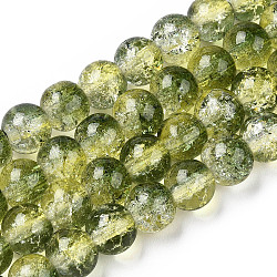 Two-Tone Crackle Baking Painted Transparent Glass Beads Strands, Round, Olive Drab, 8mm, Hole: 1.5mm, about 108~110pcs/strand, 30.71 inch~31.50 inch(78~80cm)(CCG-T004-8mm-01)