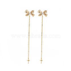 Brass Micro Pave Clear Cubic Zirconia Stud Earring Findings, for Half Drilled Beads, Nickel Free, Bowknot, Real 18K Gold Plated, 65x11mm, Pin: 0.6mm, pin: 0.6mm (for Half Drilled Beads)(KK-S356-619-NF)