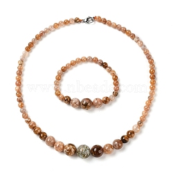 Natural Agate Round Beads Bracelets & Necklaces Sets, with 304 Stainless Steel Clasps, 18.70 inch(475mm)(SJEW-L132-22)