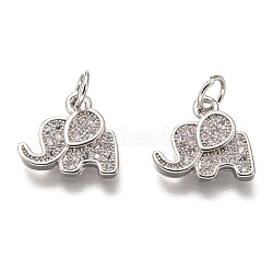 Brass Micro Pave Clear Cubic Zirconia Charms, Long-Lasting Plated, with Jump Ring, Elephant, Platinum, 11.5x12x2mm, Jump Ring: 5x1mm, 3mm Inner Diameter(ZIRC-C020-35P)