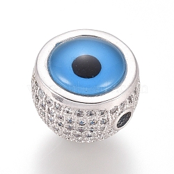 Brass Micro Pave Clear Cubic Zirconia Beads, with Resin, Eye, Platinum, 11.5x11mm, Hole: 1.8mm(ZIRC-L085-63P)
