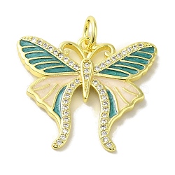 Brass Enamel Micro Pave Cubic Zirconia Pendants, Real 18K Gold Plated Butterfly Charms, with Jump Ring, Teal, 22x25x2.5mm, Hole: 4.2mm(KK-Z042-09G-02)