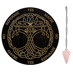 AHADEMAKER 1Pc Cone/Spike/Pendulum Natural Rose Quartz Stone Pendants, 1Pc 304 Stainless Steel Cable Chain Necklaces, 1Pc PVC Custom Pendulum Board, Dowsing Divination Board, Tree of Life Pattern, Board: 200x4mm(DIY-GA0004-62D)