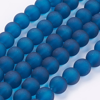Transparent Glass Bead Strands, Frosted, Round, Marine Blue, 10mm, Hole: 1.3~1.6mm, about 80pcs/strand, 31.4 inch