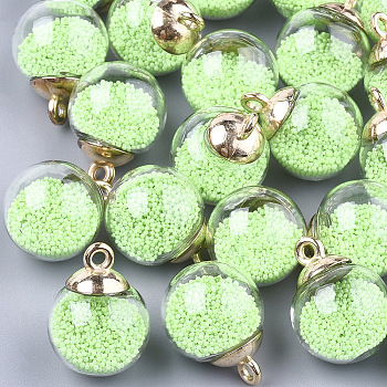 Glass Ball Pendants, with Micro Beads and CCB Plastic Findings, Round, Pale Green, 21x15.5~16mm, Hole: 2mm