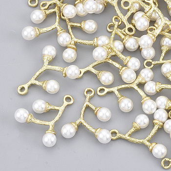 Alloy Pendants, with ABS Plastic Imitation Pearl, Branches, Light Gold, 20x17x5mm, Hole: 1.6mm