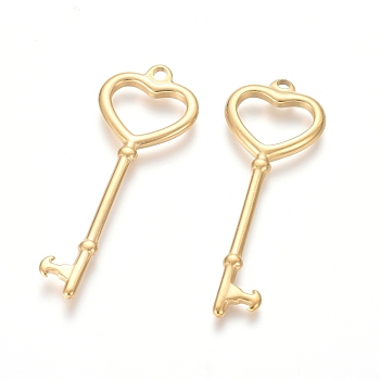 304 Stainless Steel Big Pendants, Key with Heart, Golden, 50x18x2mm, Hole: 2.5mm