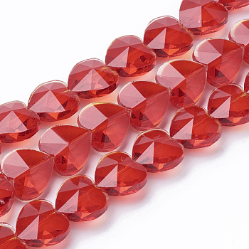 Transparent Glass Beads, Faceted, Heart, Red, 14x14x8.5mm, Hole: 1mm