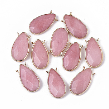 Natural White Jade Pendants, with Golden Tone Brass Open Back Settings, Faceted, Teardrop, Dyed, 29~30x16x6mm, Hole: 1.6mm