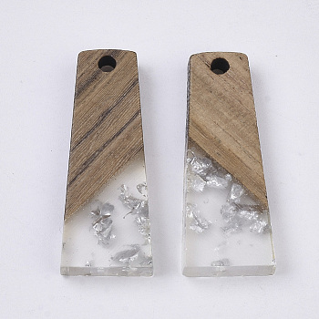 Transparent Resin & Walnut Wood Pendants, with Silver Foil, Waxed, Trapezoid, Silver, 30x12x3.5mm, Hole: 2mm