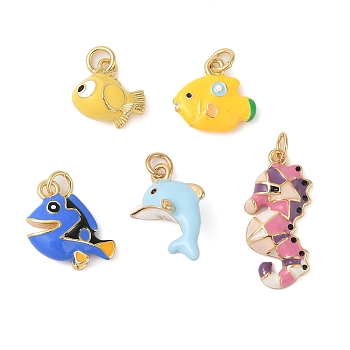 Rack Plating Brass Enamel Pendants, with Jump Ring, Long-Lasting Plated, Real 18K Gold Plated, Cadmium Free & Lead Free, Fish/Dolphin/Sea Horse Charm, Mixed Color, 12~24x11~13x4~7mm, Hole: 4mm