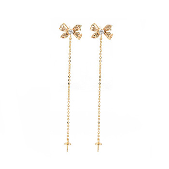 Brass Micro Pave Clear Cubic Zirconia Stud Earring Findings, for Half Drilled Beads, Nickel Free, Bowknot, Real 18K Gold Plated, 65x11mm, Pin: 0.6mm, pin: 0.6mm (for Half Drilled Beads)