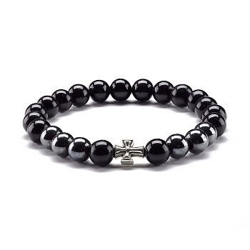 Natural Obsidian & Non-Magnetic Synthetic Hematite Round Beads Energy Stretch Bracelet for Men Women, Cross Alloy Bracelet, Inner Diameter: 2-1/4 inch(5.6cm)