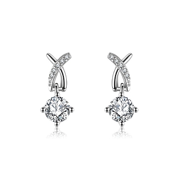 Rhodium Plated 925 Sterling Silver Micro Pave Cubic Zirconia Ear Studs, Dangle Earrings for Women, Letter X, with S925 Stamp, Real Platinum Plated, 14mm
