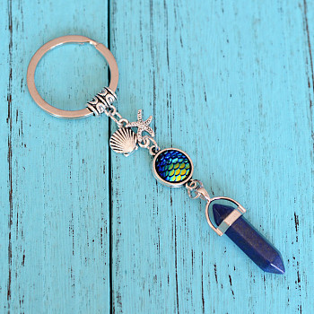 Natural Lapis Lazuli Bullet Pendant Keychains, with Alloy Starfish & Shell Shape, 3.5cm