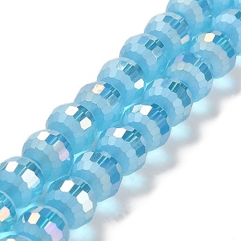 Electroplate Glass Beads Strands, AB Color Plated, Frosted and Faceted(96 Facets), Round, Sky Blue, 9.5~10x9~9.5mm, Hole: 1.8mm, about 69~70pcs/strand, 24.57''(62.4~63.1cm)