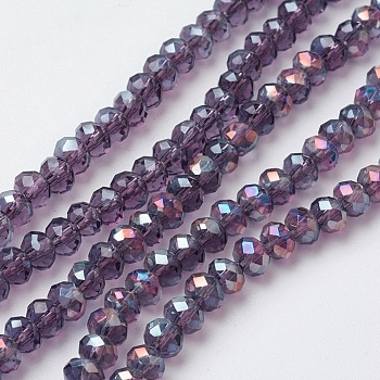 Electroplate Glass Beads Strands, Full Rainbow Plated, Faceted, Rondelle, Purple, 4~4.5x3mm, Hole: 0.5mm, about 130~135pcs/strand, 15.5~16 inch(39~40cm)