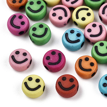 Opaque Craft Acrylic Beads, Flat Round with Smiling Face, Mixed Color, 7x3.5mm, Hole: 1.5mm, about 3637pcs/500g