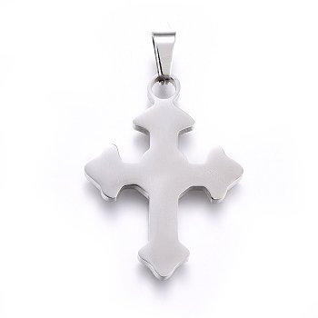 304 Stainless Steel Pendants, Cross, Stainless Steel Color, 34x25x2.2mm, Hole: 8x4mm