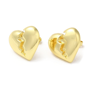 Rack Plating Brass Split Heart Stud Earrings, Real 18K Gold Plated, 16x18mm