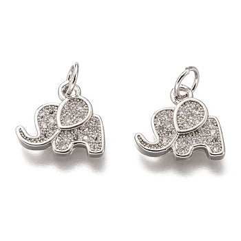 Brass Micro Pave Clear Cubic Zirconia Charms, Long-Lasting Plated, with Jump Ring, Elephant, Platinum, 11.5x12x2mm, Jump Ring: 5x1mm, 3mm Inner Diameter