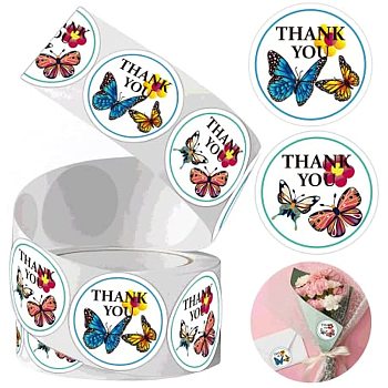 2 Patterns Round Dot Thank You Paper Insect Self-Adhesive Sticker Rolls, for DIY Albums Diary, Laptop Decoration Cartoon Scrapbooking, Butterfly, 25mm, 500pcs/roll