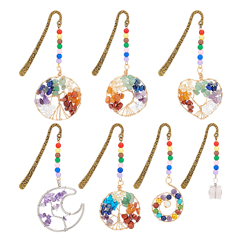 7Pcs 7 Styles Tibetan Style Alloy Bookmarks, Tree of Life Gemstone Chip Pendant Bookmarks, 135~173mm, 1pc/style