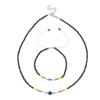 Glass Seed Beaded Necklace & Braided Beaded Bracelet, Jewelry Set for Women, Black, 15-1/8 inch(38.5cm), 2-1/4~3-1/4 inch(5.6~8.3cm)