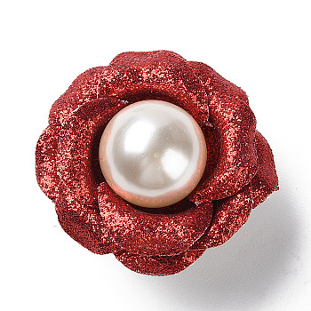 Flower Glitter Imitation Leather with Plastic Pearl Brooch Pin, Platinum Tone Iron Pin for Clothes Bags, FireBrick, 43~46x43~44x29mm