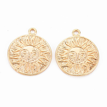 Brass Pendants, Nickel Free, Flat Round with Sun, Real 18K Gold Plated, 17x14.5x1mm, Hole: 1.4mm