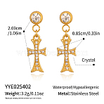304 Stainless Steel Crystal Rhinestone Cross Dangle Stud Earrings for Women, Real 18K Gold Plated, 26.9x8.5mm(XF9341-2)