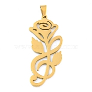 304 Stainless Steel Pendants, Laser Cut, Rose Charm, Real 18K Gold Plated, 38x16x1.5mm, Hole: 6x3mm(STAS-Z076-15G)